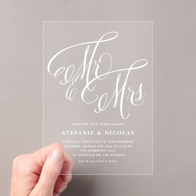 White Mr. und Mrs. Rustic Calligraphy Wedding Acryleinladungen (Insitu (Handheld))