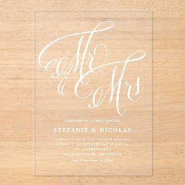 White Mr. und Mrs. Rustic Calligraphy Wedding Acryleinladungen