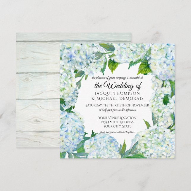 White n Blue Hydrangea Wreath Vintages Blumenholz Einladung (Vorne/Hinten)