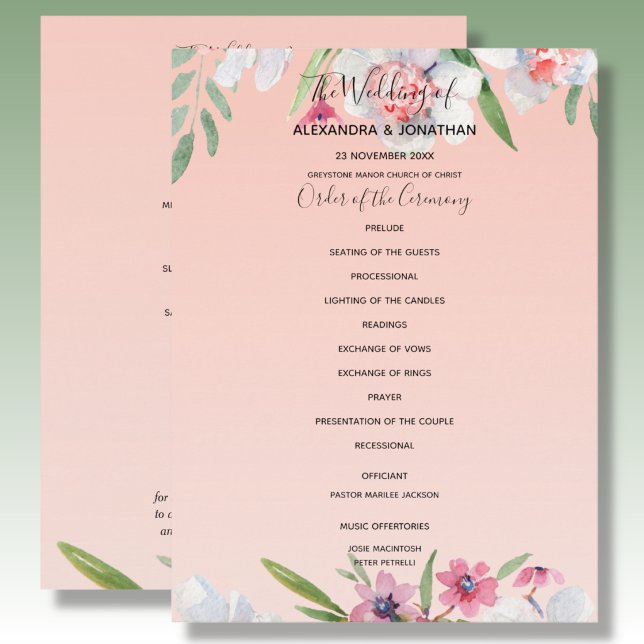 White Narcissus auf Apricot Pink Hochzeitsprogramm Programm (Von Creator hochgeladen)