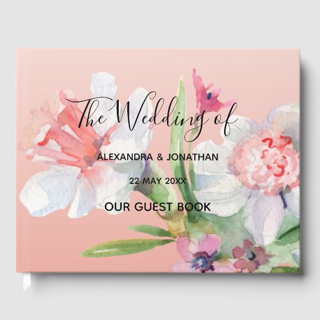 White Narcissus auf Pink Floral Wedding Guest Book Gästebuch (Vorderseite)
