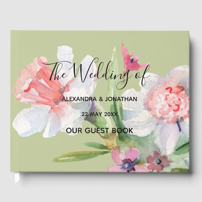 White Narcissus auf Sage Floral Wedding Guest Book Gästebuch (Vorderseite)