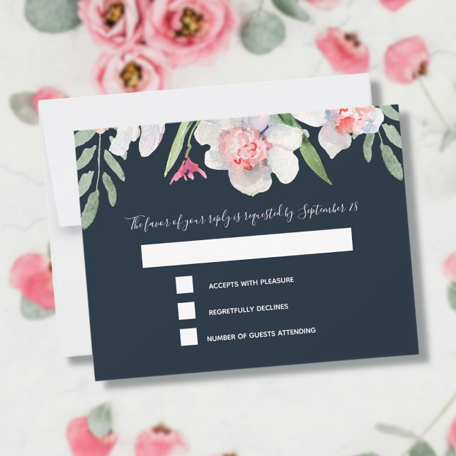 White Narcissus über Navy UAWG and Menu RSVP Karte (Von Creator hochgeladen)