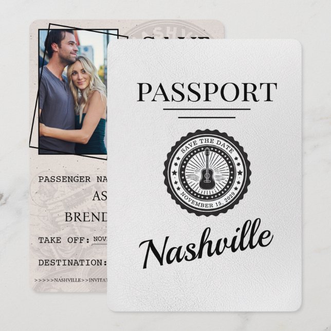 White Nashville Passport Save the Date (Vorne/Hinten)