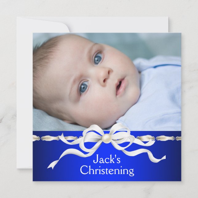 White Navy Blue Baby Boy Foto Christening Einladung (Vorderseite)