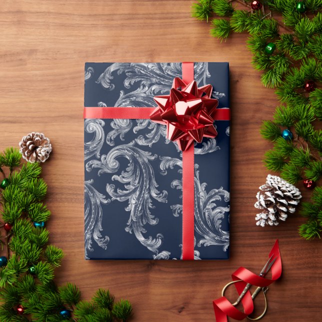 White Navy Blue Brocade Weihnachten Geschenkpapier (Feiertagsgeschenk)