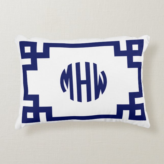 White Navy Blue Circle Monogram Greek Key DIY BG Dekokissen (Vorderseite)