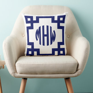 White Navy Blue Circle Monogram Greek Key DIY BG Kissen