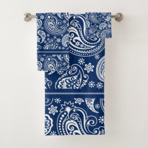 White & Navy Blue Elegante Vintag Paisley Muster Badhandtuch Set