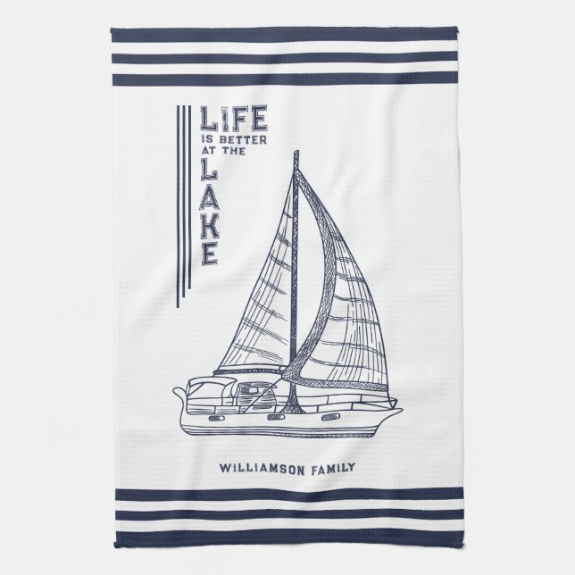 White Navy Blue Life is Better am Lake Geschirrtuch (Vertikal)