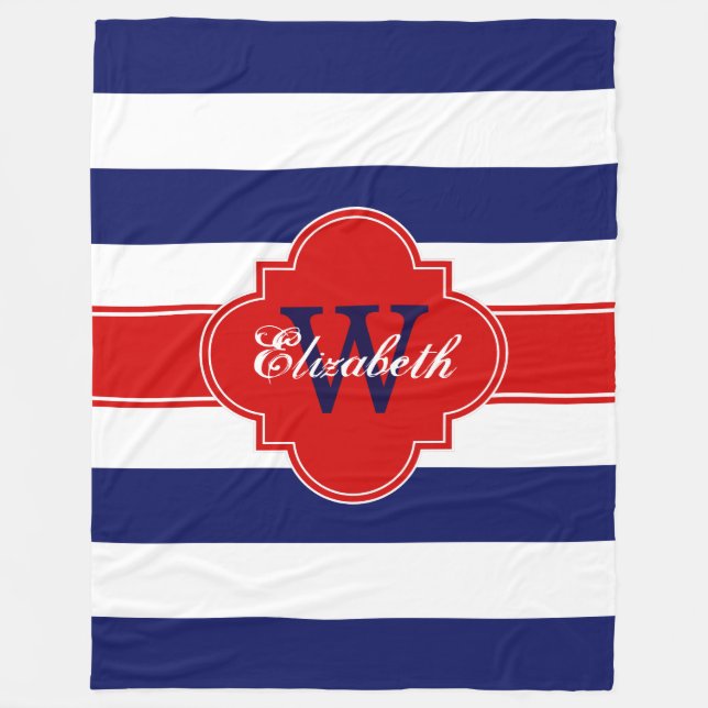 White Navy Blue Red LG Stripes Quatrefolie 3INQR Fleecedecke (Vorderseite)