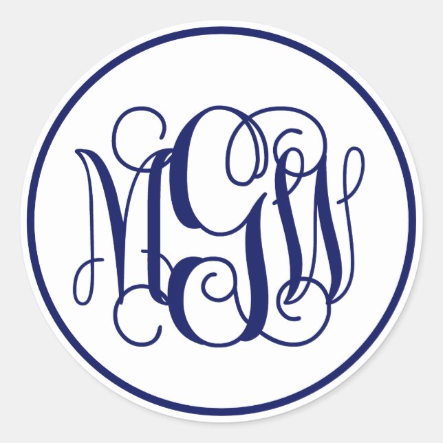 White Navy Blue Vine Script Monogram, DIY BG Runder Aufkleber (Vorderseite)