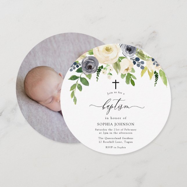 White & Navy Blume Baby Foto Taufe Einladung (Vorne/Hinten)