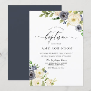 White & Navy Elegante Aquarelltaufe Einladung