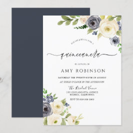White & Navy Elegantes Wassercolor Quinceanera Par Einladung