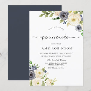White & Navy Elegantes Wassercolor Quinceanera Par Einladung