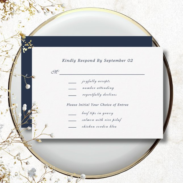 White Navy Script Menu Selection Wedding RSVP  (Von Creator hochgeladen)