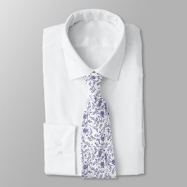 White neck tie with elegant blue floral pattern krawatte