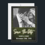White Neon Boxwood Wedding Foto Save The Date<br><div class="desc">Weißes Neondesign auf einem Boxholzhintergrund mit weißem Text und individuellem Foto.</div>