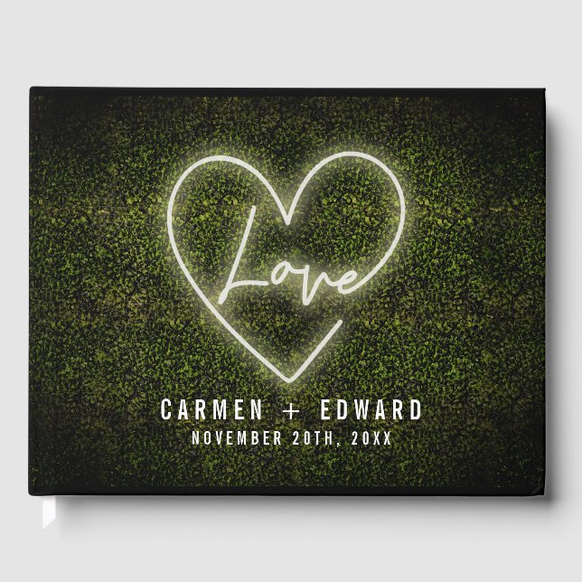 White Neon Liebe Sign Boxwood Wedding Gästebuch (Vorderseite)