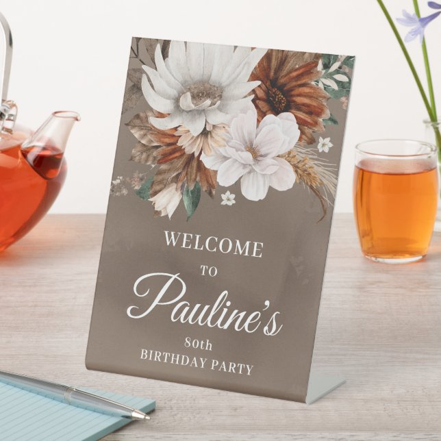 White Neutral Fall Blume 80. Geburtstag Sockelschild (In Situ)