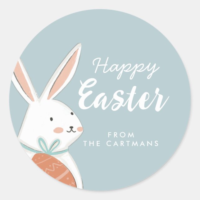 White Niedlich Bunny Happy Oaster Runder Aufkleber (Vorderseite)