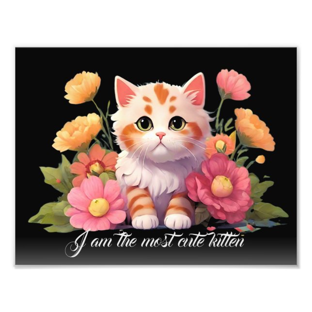 White Niedlich Kitten Cat in Blume Personalisiert Fotodruck (Vorne)