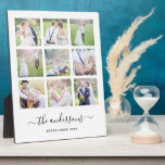 White Nine Foto Collage Familienname Kalligrafie Fotoplatte<br><div class="desc">Foto Plaque mit 9 quadratischen Fotos in einem Rasteraufbau angeordnet. Sie können auch Ihren Familiennamen in einem stilvollen Kalligraphie-Schriftart und dem etablierten Jahr hinzufügen. Ideal für Hochzeitsgeschenke, Familienfeste, etc. Personalisieren Sie dies, indem Sie den Platzhaltertext in der Vorlage ersetzen, um Ihre Informationen hinzuzufügen und die Foto für die Platzhalter/Beispiel-Platzhalter durch...</div>