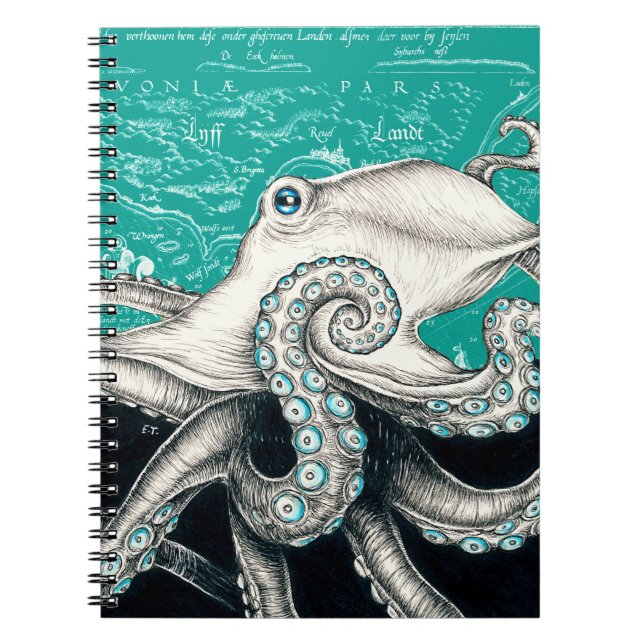 White Octopus Vintag Map Aquamarin Notizblock (Vorderseite)