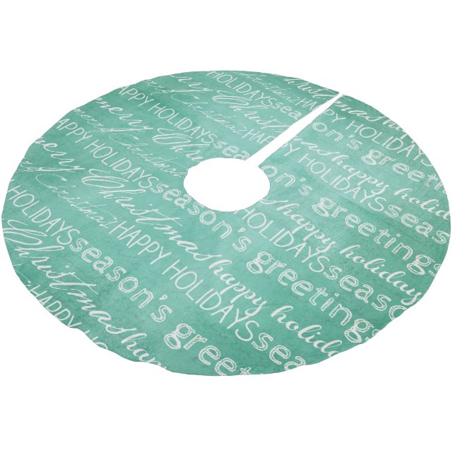 White on Aqua Typografie Weihnachtsbaumrock Polyester Weihnachtsbaumdecke (Schrägansicht)