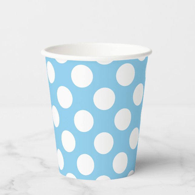 White on Baby Blue Large Size Polka Dots Pappbecher (Vorderseite)