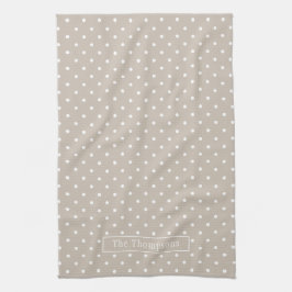 White On Beige Polka Dots Pattern With Custom Name Geschirrtuch