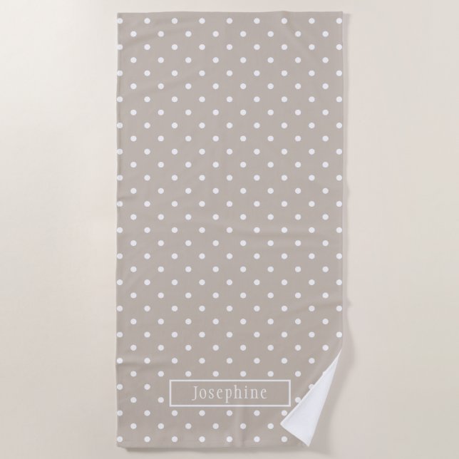 White On Beige Polka Dots Pattern With Custom Name Strandtuch (Vorderseite)