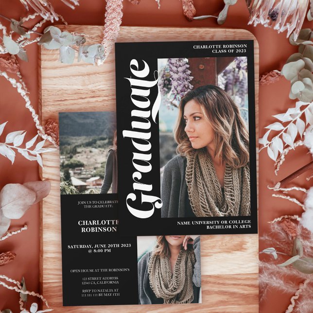 White on black graduate script 3 Foto Abschluss Einladung (Von Creator hochgeladen)