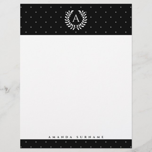 White On Black Laurel Monogram Polka Dot Pattern Briefbogen (Vorderseite)