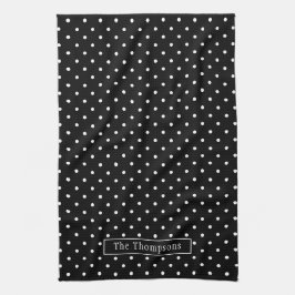 White On Black Polka Dots Pattern With Custom Name Geschirrtuch