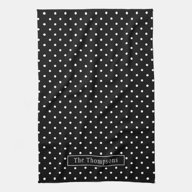 White On Black Polka Dots Pattern With Custom Name Geschirrtuch (Vertikal)