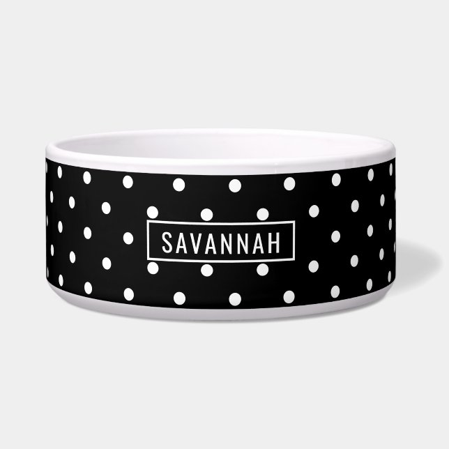 White On Black Polka Dots Pattern With Custom Name Napf (Vorderseite)