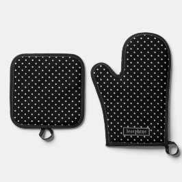 White On Black Polka Dots Pattern With Custom Name Ofenhandschuh & Topflappen-Set