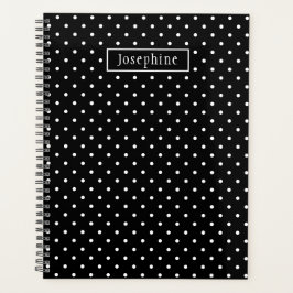 White On Black Polka Dots Pattern With Custom Name Planer