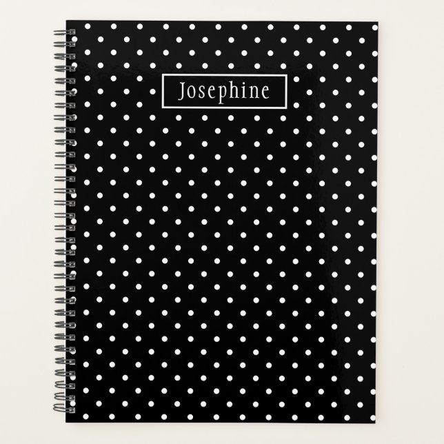 White On Black Polka Dots Pattern With Custom Name Planer (Vorderseite)