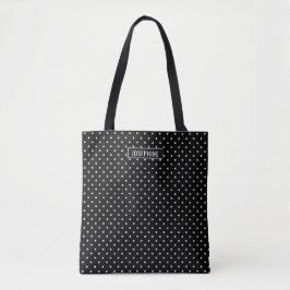 White On Black Polka Dots Pattern With Custom Name Tasche