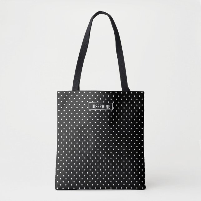 White On Black Polka Dots Pattern With Custom Name Tasche (Vorderseite)
