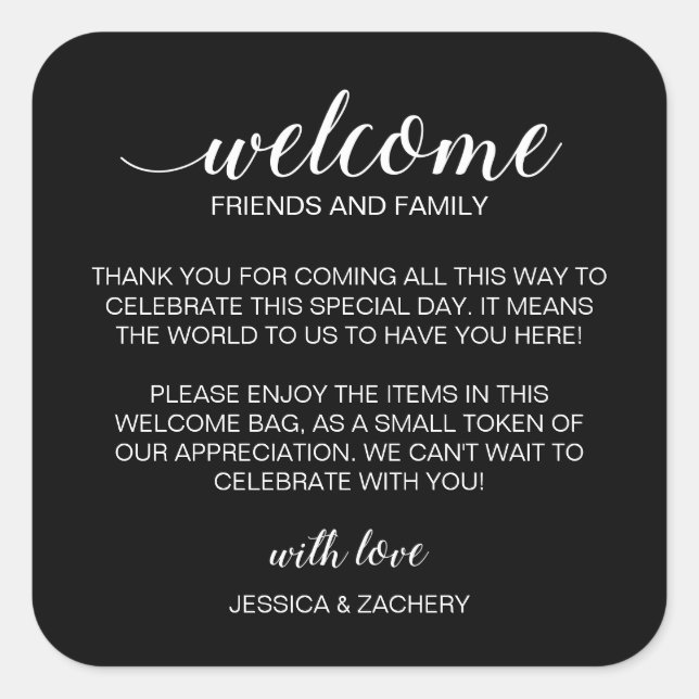 White on Black Wedding Willkommensgeschenk Beutel  Quadratischer Aufkleber (Vorderseite)