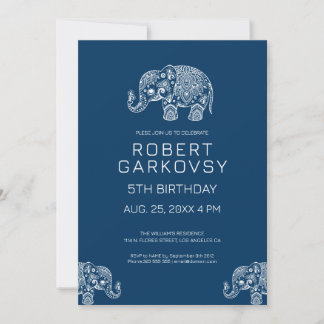 White on Blue Floral Elephant Einladung