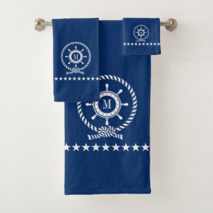 White on Blue Nautical Boat Wheel Knot Monogram Badhandtuch Set