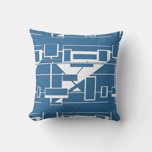 White on Bright Blue Geometric Abstrakt Labyrinth Kissen (Vorderseite)