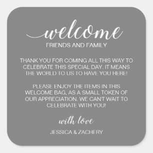 White on Gray Wedding Willkommensgeschenk Beutel K Quadratischer Aufkleber