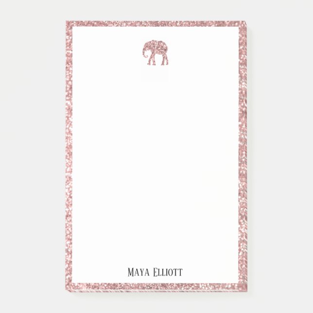 White on Rose Gold Imitate Glitzer Elephant & Bord Post-it Klebezettel (Vorderseite)