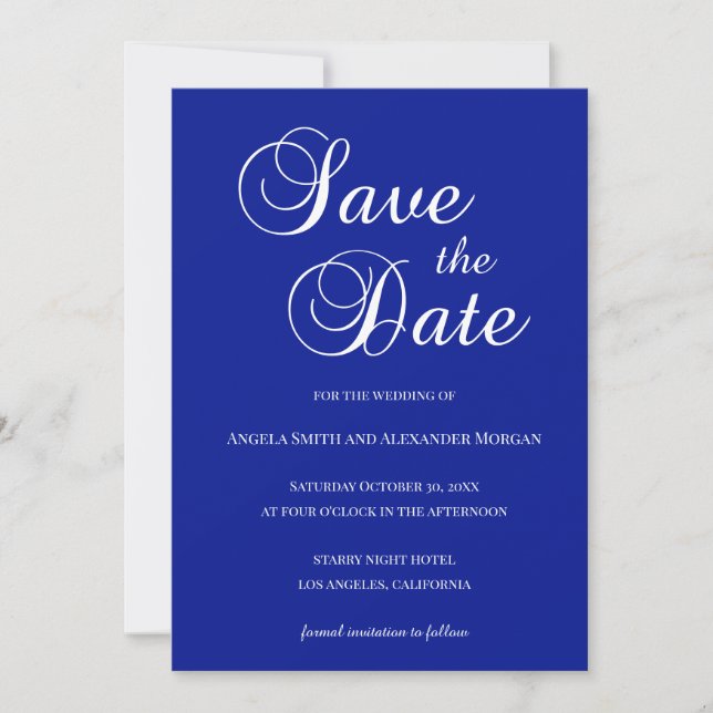 White on Royal Blue Decorative Script Save The Date (Vorderseite)